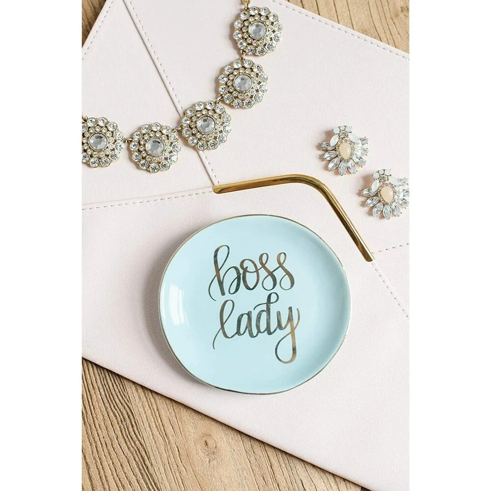 Mint Boss Lady Jewelry Dish | Motivational Circle Gold Ceramic Inspirational 4x4